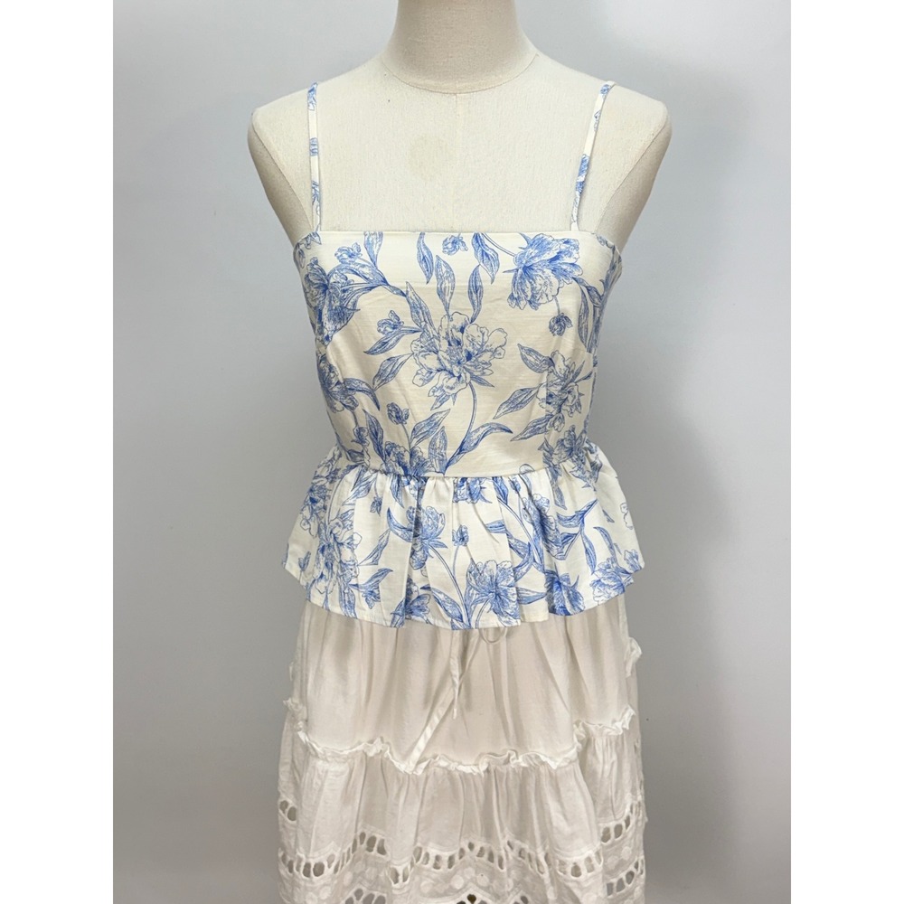 A New Day Blue Floral Toile Peplum Camisole Top XS White Cotton Blend Smocked